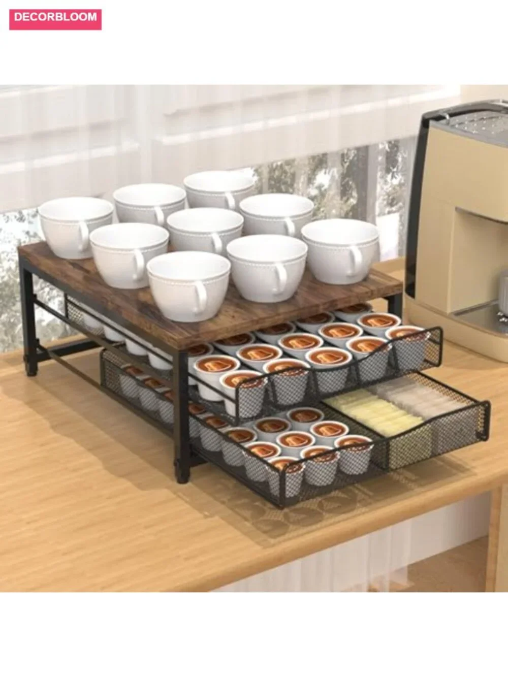 Wood Coffee Pod Holder with Sliding Drawer, Large Capacity K Cup Storage for